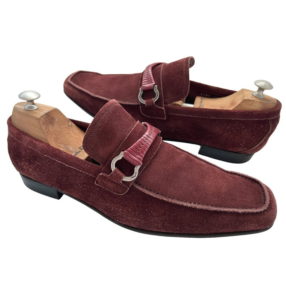 $1150 Salvatore Ferragamo AMICO Shoes Lizard Skin Gancini Silver Bit Loafers 11 - Picture 5 of 10